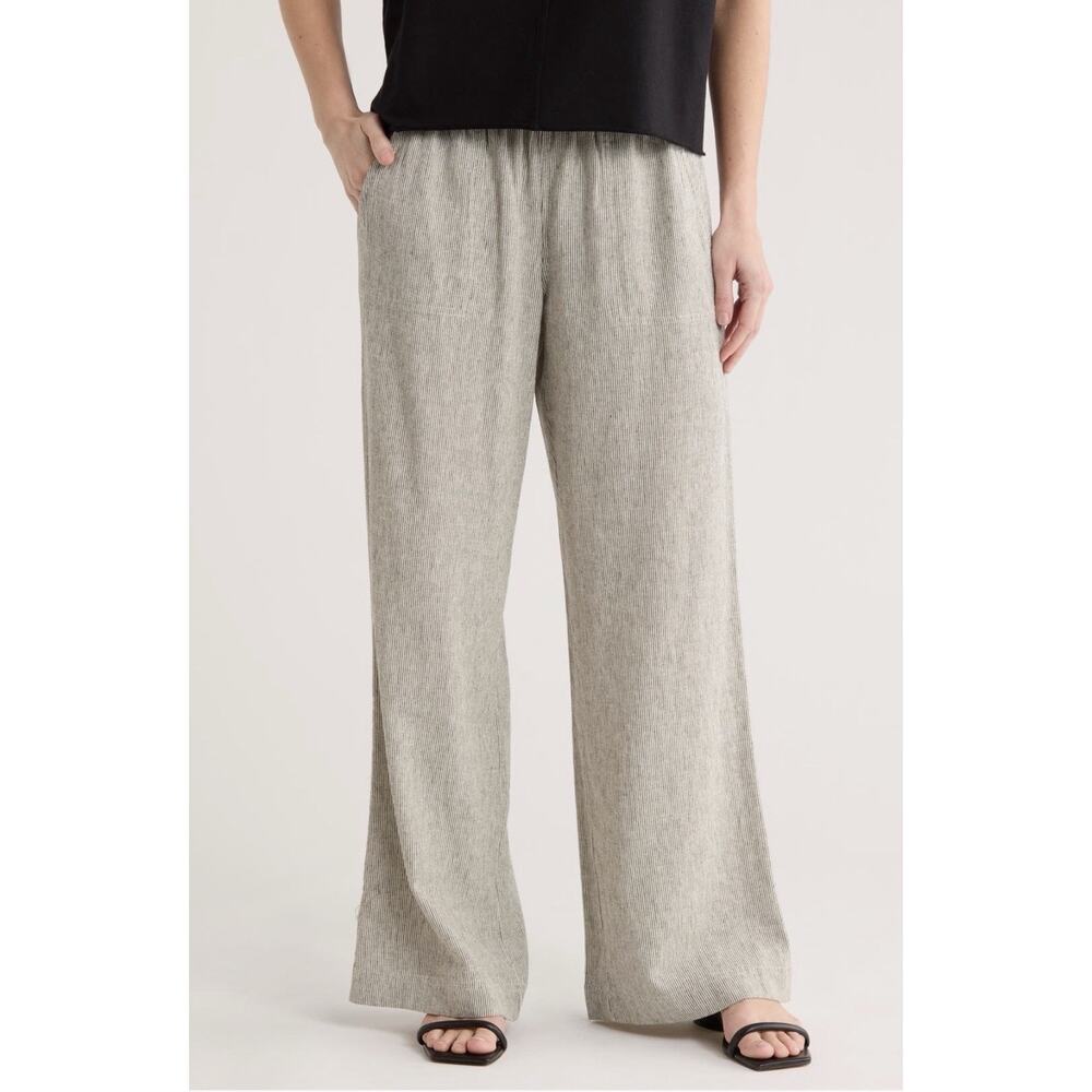 Caslon Women’s Striped Linen Blend Wide Leg Drawstring Pants L Boho - Picture 8 of 9